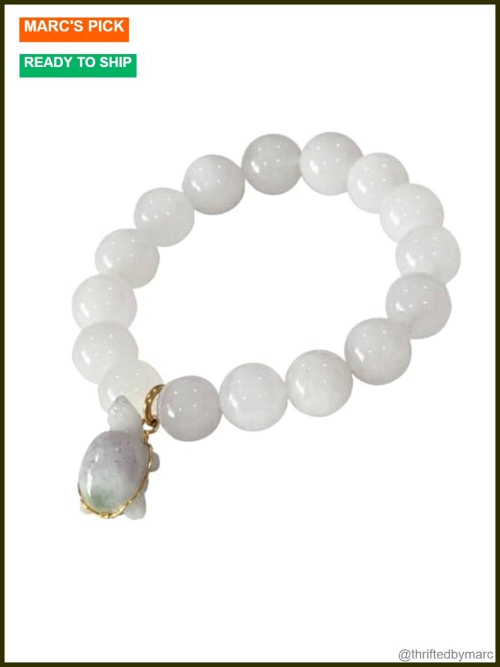 Natural White Moonstone Bracelet, Turtle Jade Pendant, 12.5mm, 6.75-8in